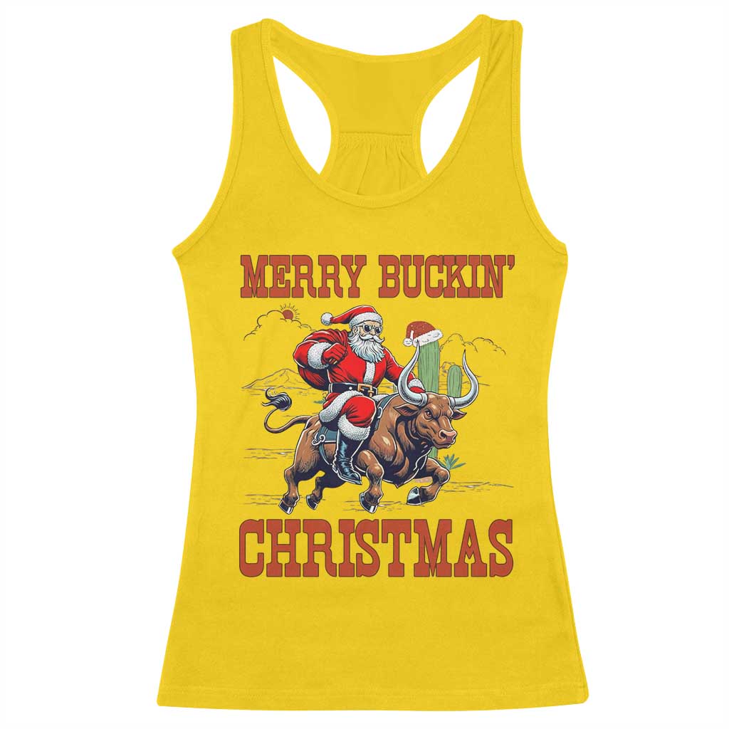Western Black Santa Merry Buckin Christmas Racerback Tank Top Funny Rodeo - Wonder Print Shop