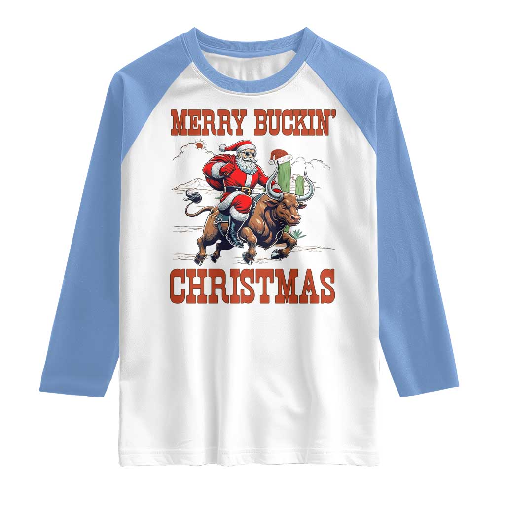 Western Black Santa Merry Buckin Christmas Raglan Shirt Funny Rodeo - Wonder Print Shop