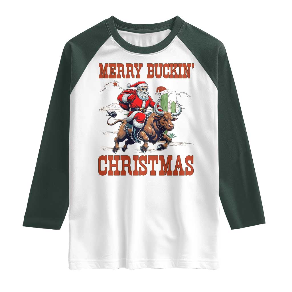 Western Black Santa Merry Buckin Christmas Raglan Shirt Funny Rodeo - Wonder Print Shop