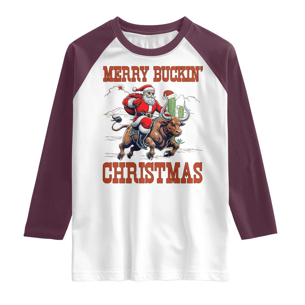 Western Black Santa Merry Buckin Christmas Raglan Shirt Funny Rodeo - Wonder Print Shop