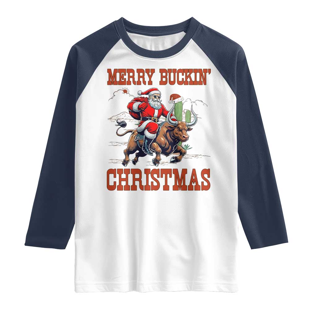 Western Black Santa Merry Buckin Christmas Raglan Shirt Funny Rodeo - Wonder Print Shop