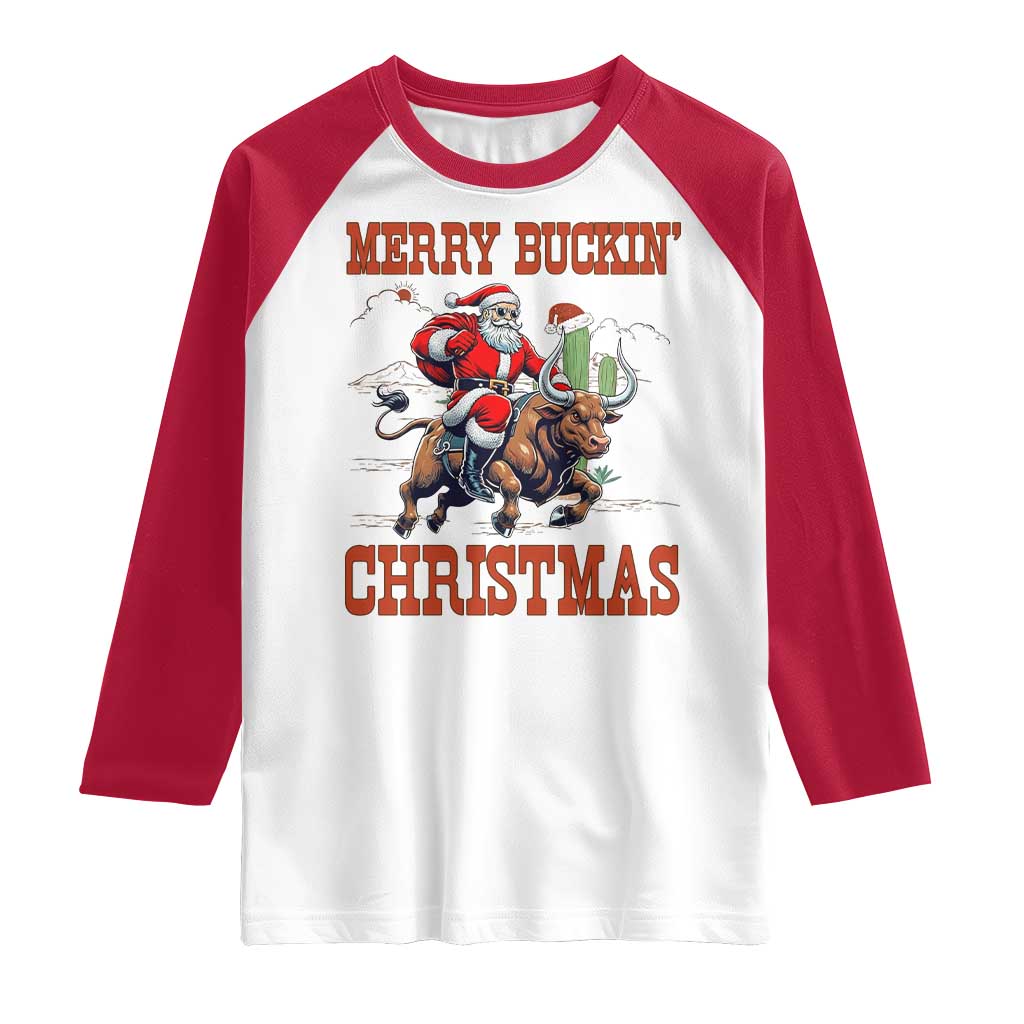 Western Black Santa Merry Buckin Christmas Raglan Shirt Funny Rodeo - Wonder Print Shop