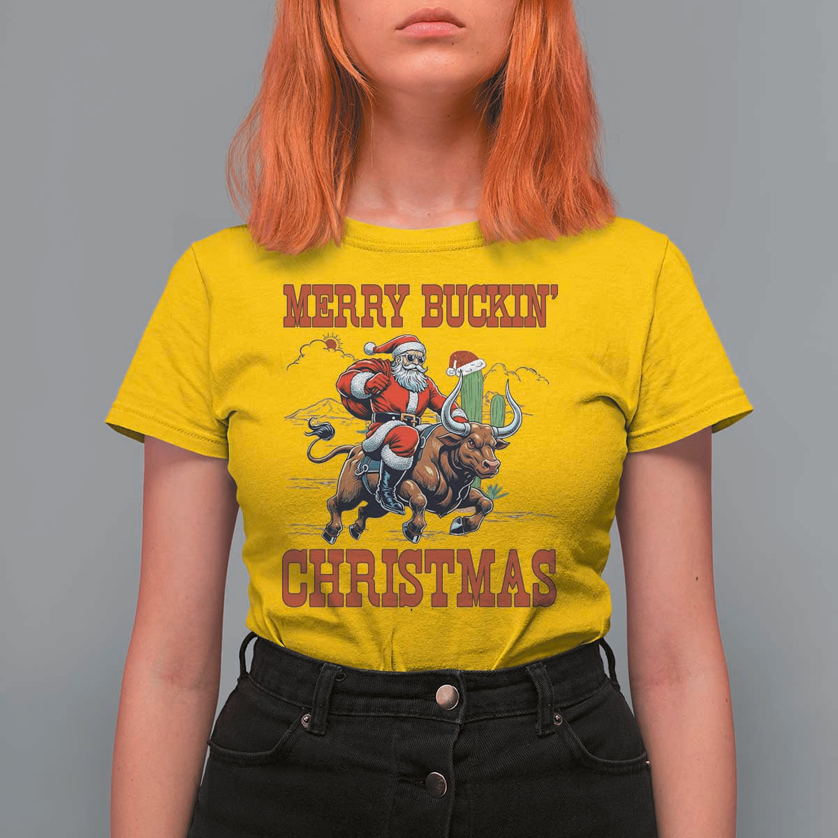 Western Black Santa Merry Buckin Christmas T Shirt For Women Funny Rodeo - Wonder Print Shop