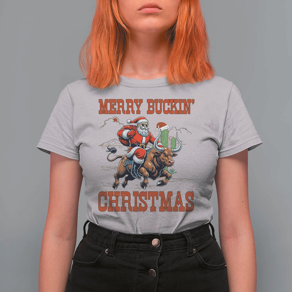 Western Black Santa Merry Buckin Christmas T Shirt For Women Funny Rodeo - Wonder Print Shop