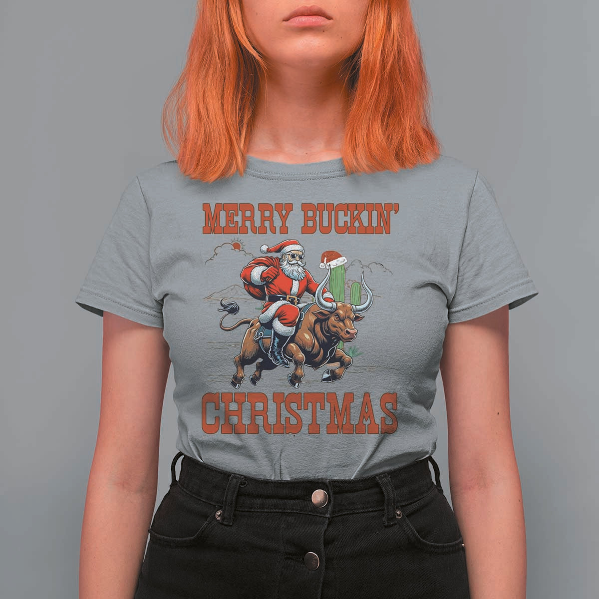 Western Black Santa Merry Buckin Christmas T Shirt For Women Funny Rodeo - Wonder Print Shop