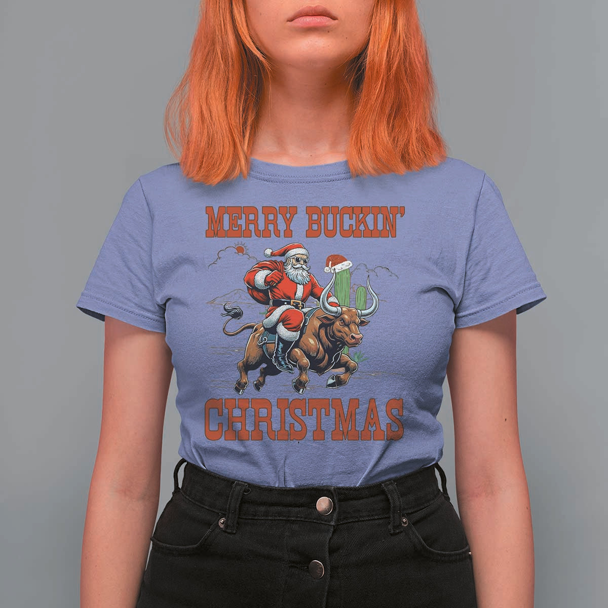 Western Black Santa Merry Buckin Christmas T Shirt For Women Funny Rodeo - Wonder Print Shop