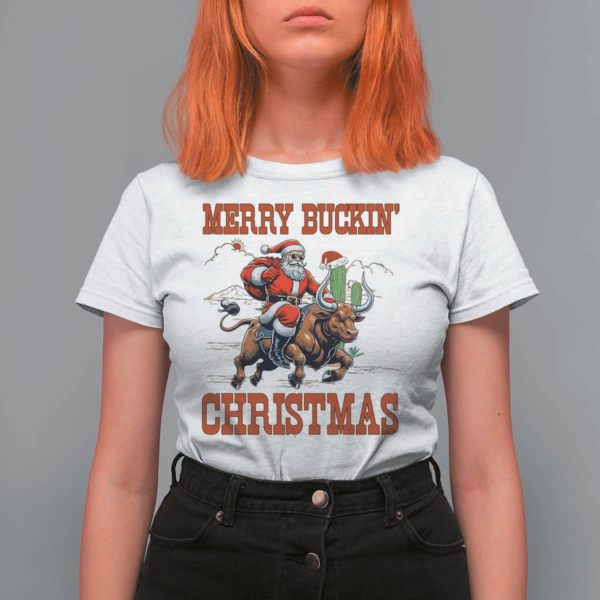 Western Black Santa Merry Buckin Christmas T Shirt For Women Funny Rodeo - Wonder Print Shop