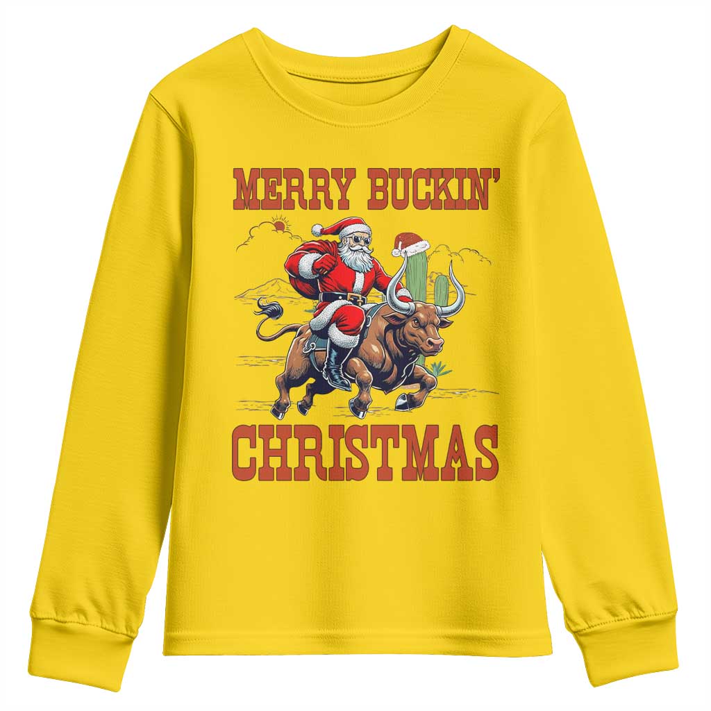 Western Black Santa Merry Buckin Christmas Youth Sweatshirt Funny Rodeo - Wonder Print Shop