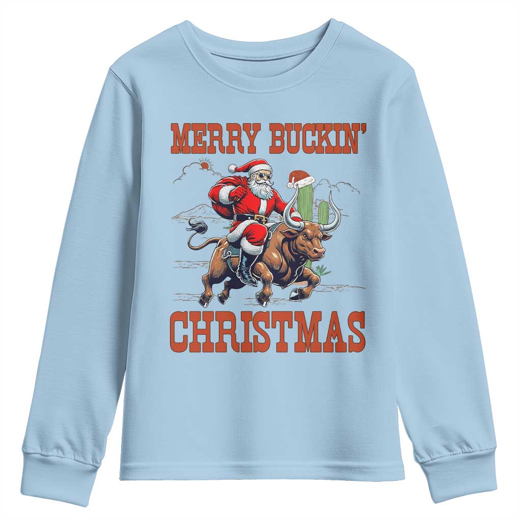 Western Black Santa Merry Buckin Christmas Youth Sweatshirt Funny Rodeo - Wonder Print Shop