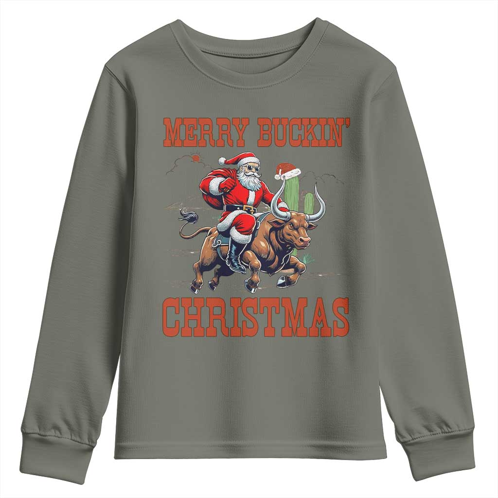 Western Black Santa Merry Buckin Christmas Youth Sweatshirt Funny Rodeo - Wonder Print Shop