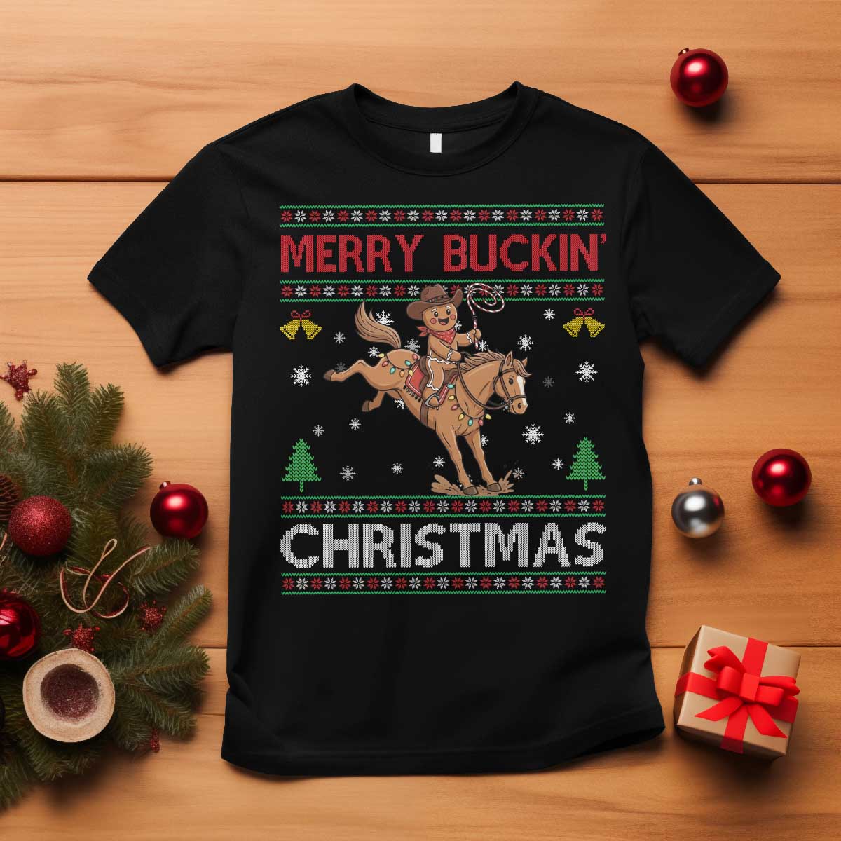Funny Gingerbread Man Horse Rider T Shirt Merry Buckin Christmas Gift - Wonder Print Shop