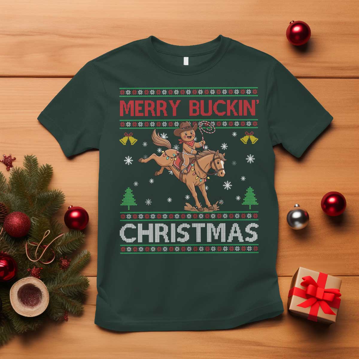 Funny Gingerbread Man Horse Rider T Shirt Merry Buckin Christmas Gift - Wonder Print Shop