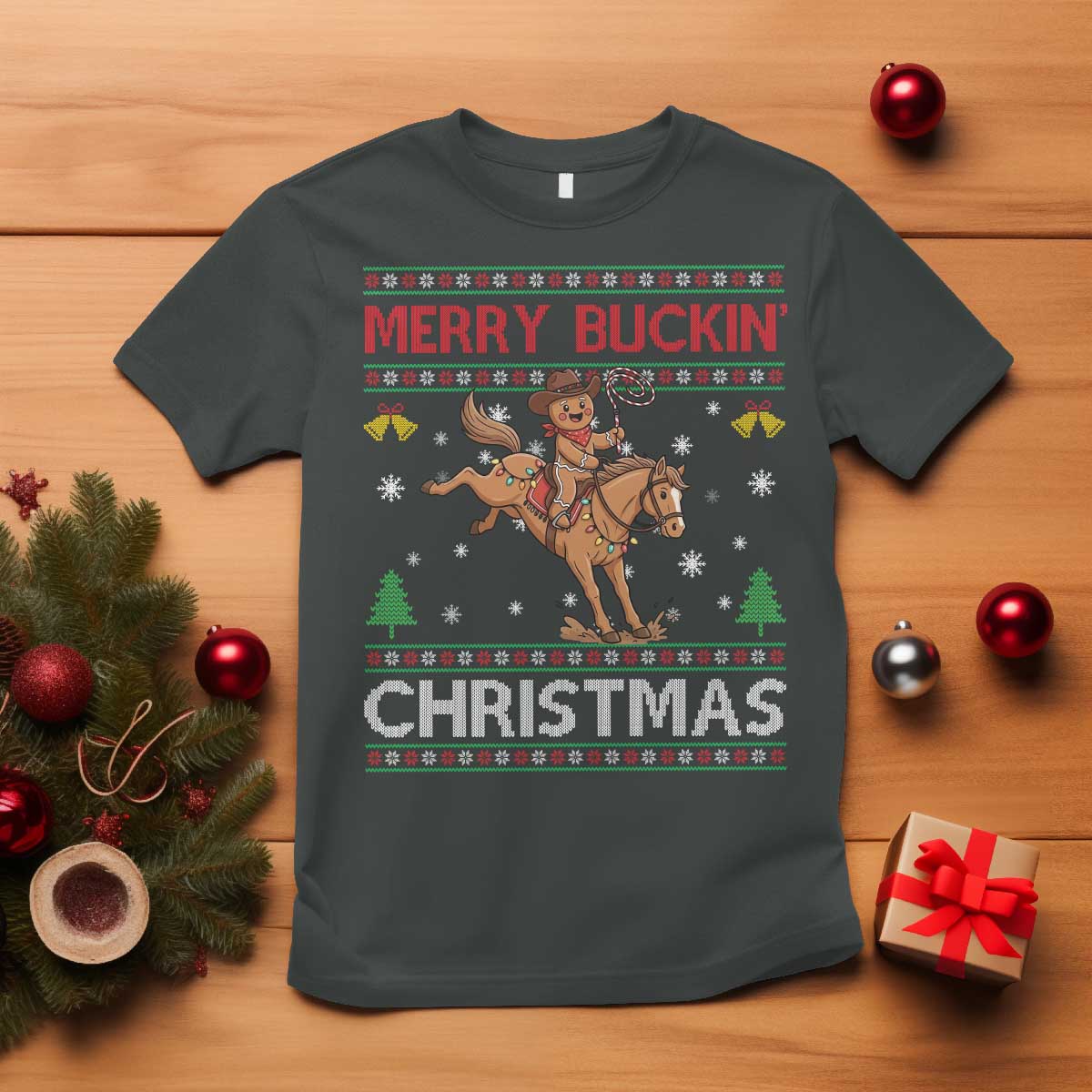 Funny Gingerbread Man Horse Rider T Shirt Merry Buckin Christmas Gift - Wonder Print Shop