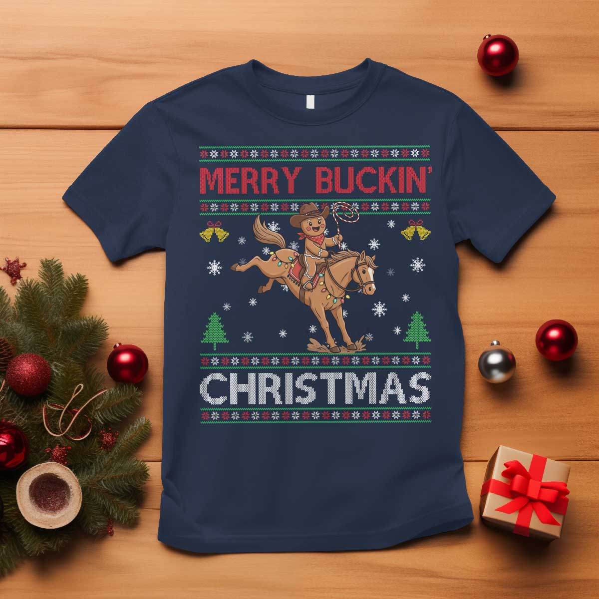 Funny Gingerbread Man Horse Rider T Shirt Merry Buckin Christmas Gift - Wonder Print Shop