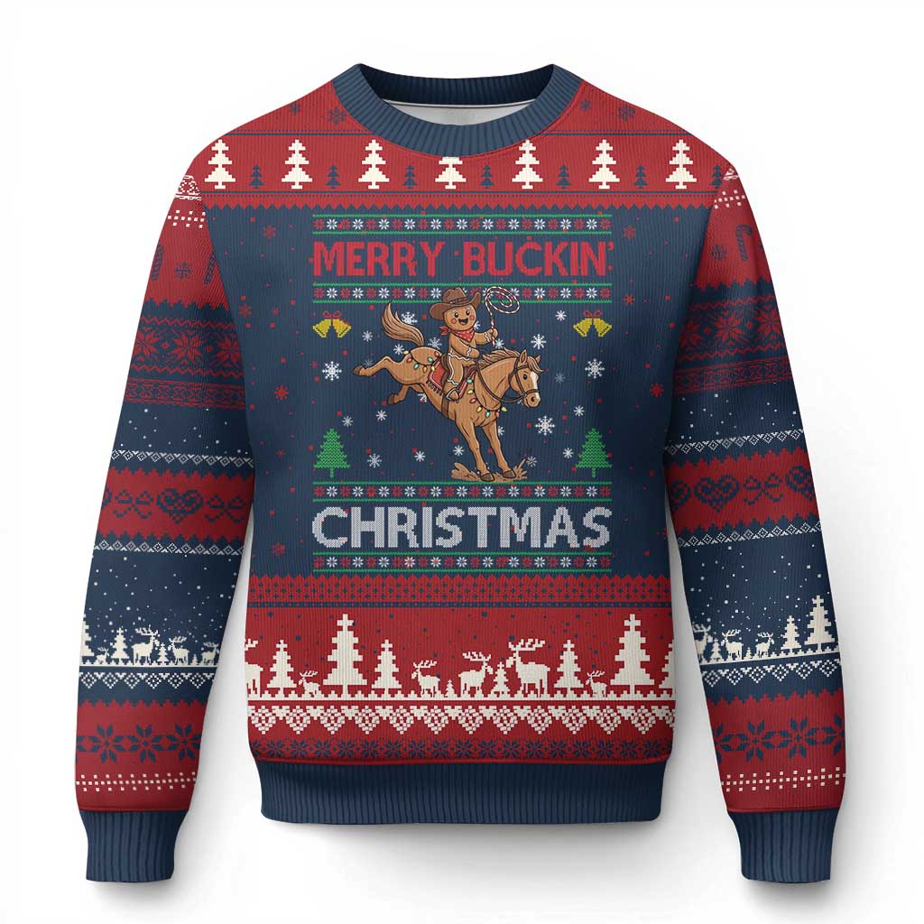Funny Gingerbread Man Horse Rider Ugly Christmas Sweater Merry Buckin Xmas Gift - Wonder Print Shop