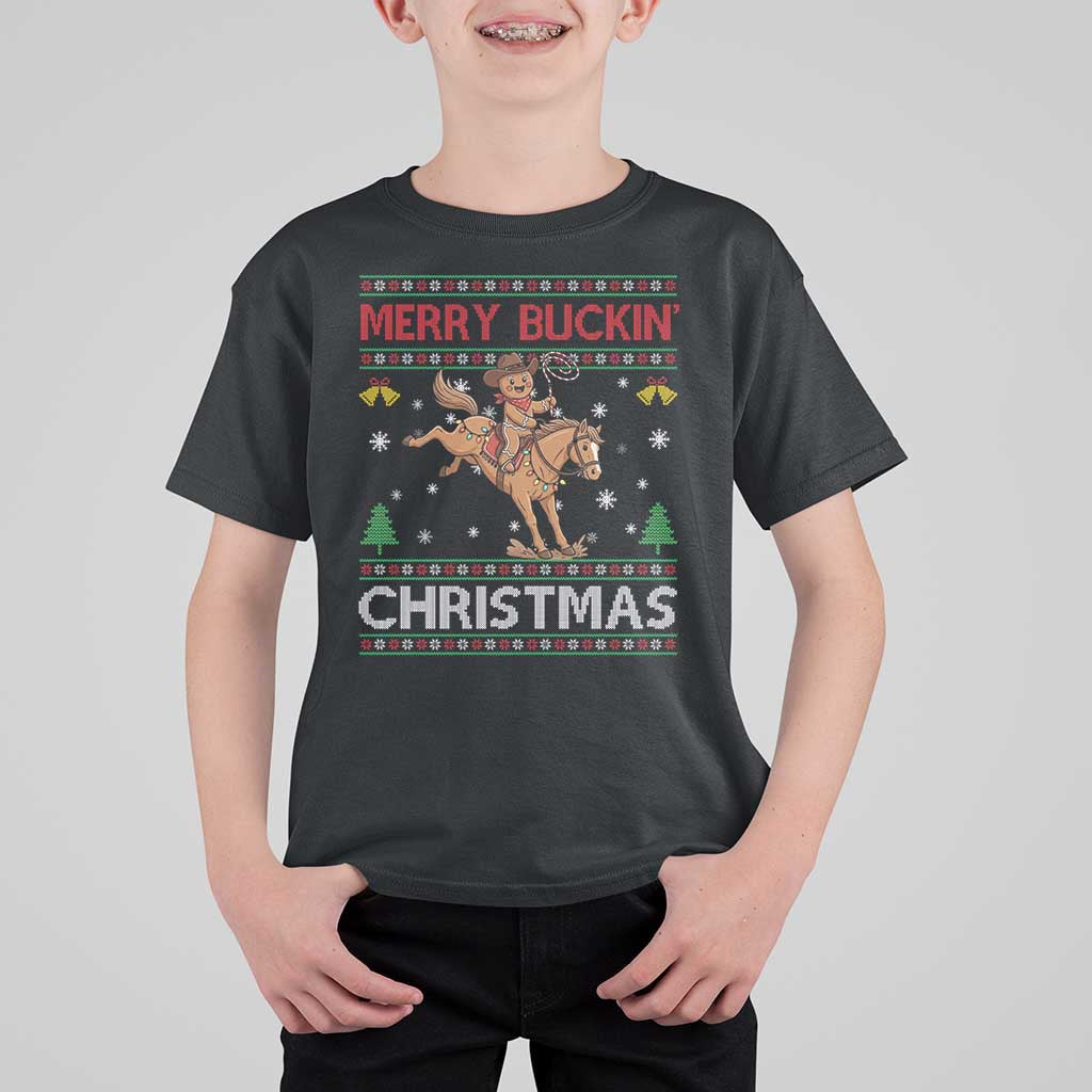 Funny Gingerbread Man Horse Rider T Shirt For Kid Merry Buckin Christmas Gift - Wonder Print Shop