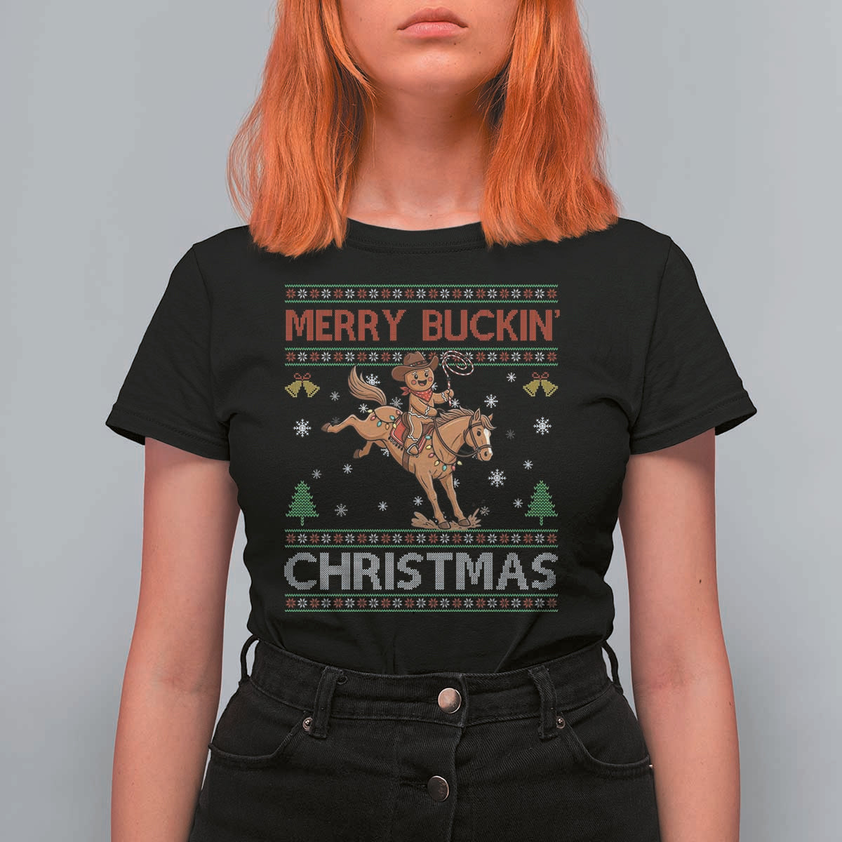 Funny Gingerbread Man Horse Rider T Shirt For Women Merry Buckin Christmas Gift - Wonder Print Shop