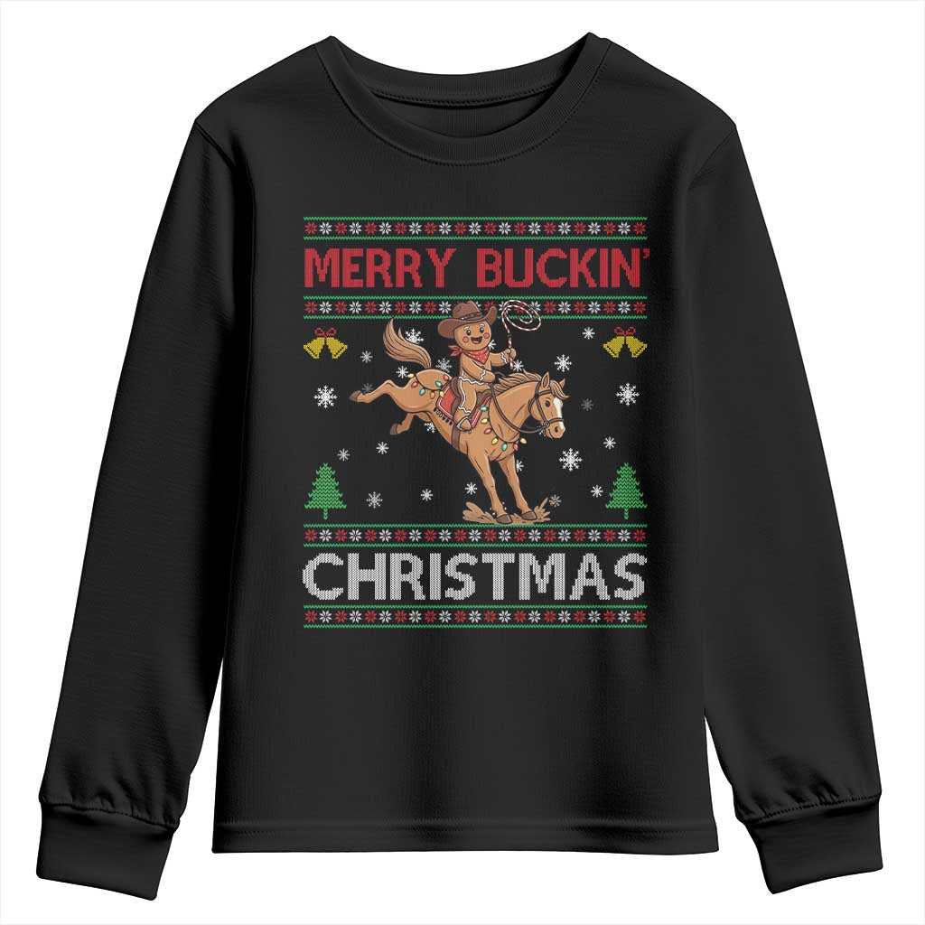 Funny Gingerbread Man Horse Rider Youth Sweatshirt Merry Buckin Christmas Gift - Wonder Print Shop