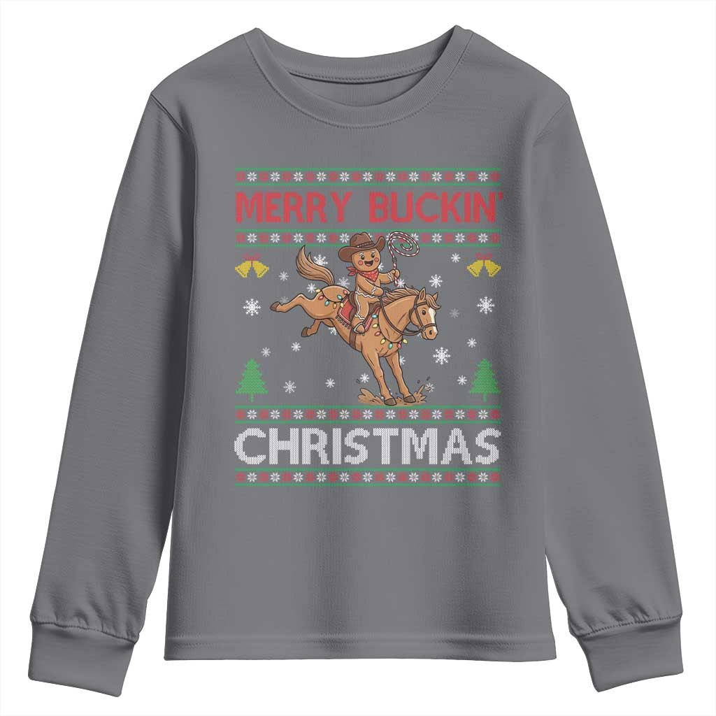 Funny Gingerbread Man Horse Rider Youth Sweatshirt Merry Buckin Christmas Gift - Wonder Print Shop