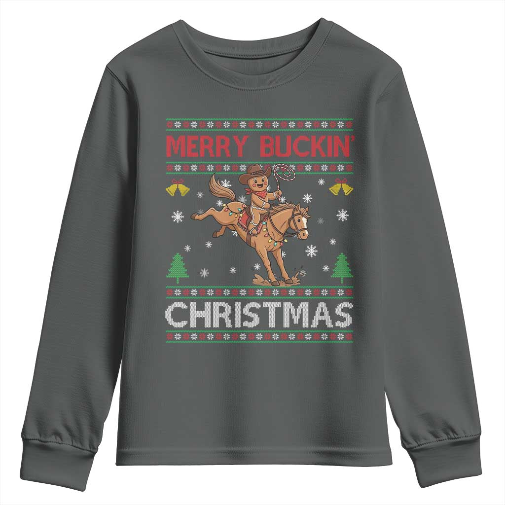 Funny Gingerbread Man Horse Rider Youth Sweatshirt Merry Buckin Christmas Gift - Wonder Print Shop