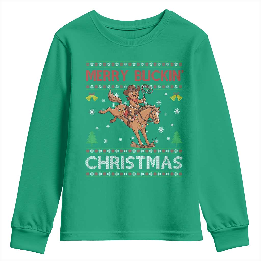 Funny Gingerbread Man Horse Rider Youth Sweatshirt Merry Buckin Christmas Gift - Wonder Print Shop