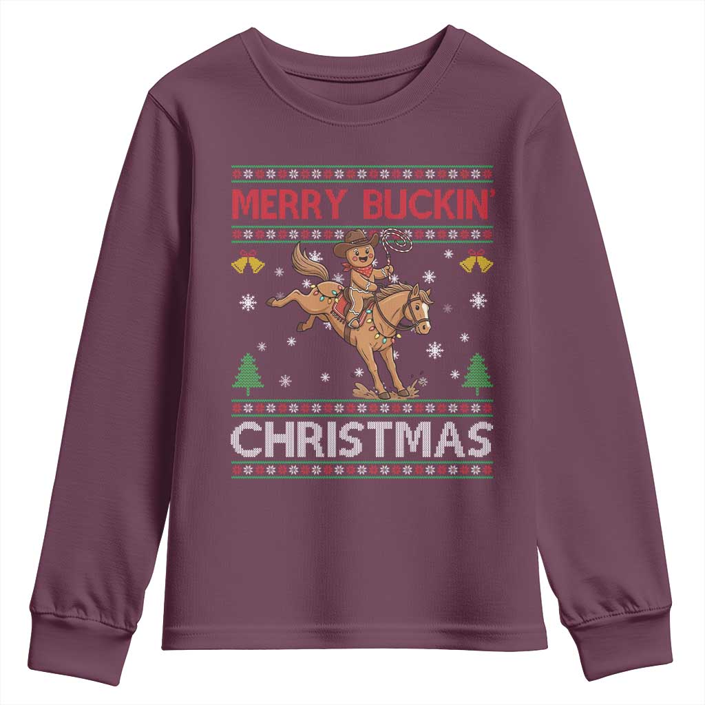 Funny Gingerbread Man Horse Rider Youth Sweatshirt Merry Buckin Christmas Gift - Wonder Print Shop