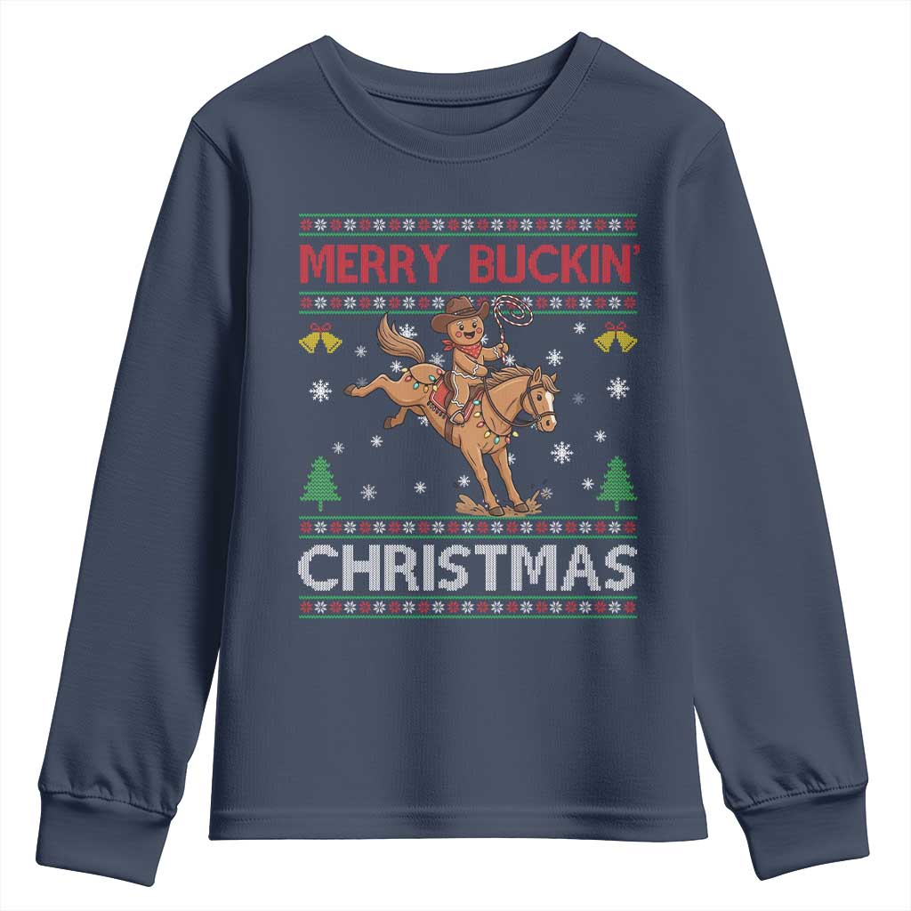 Funny Gingerbread Man Horse Rider Youth Sweatshirt Merry Buckin Christmas Gift - Wonder Print Shop