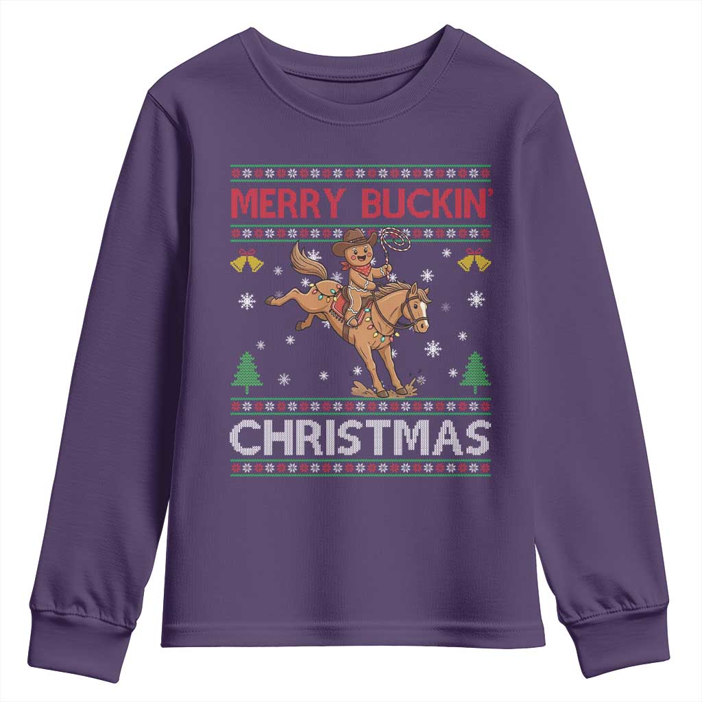 Funny Gingerbread Man Horse Rider Youth Sweatshirt Merry Buckin Christmas Gift - Wonder Print Shop