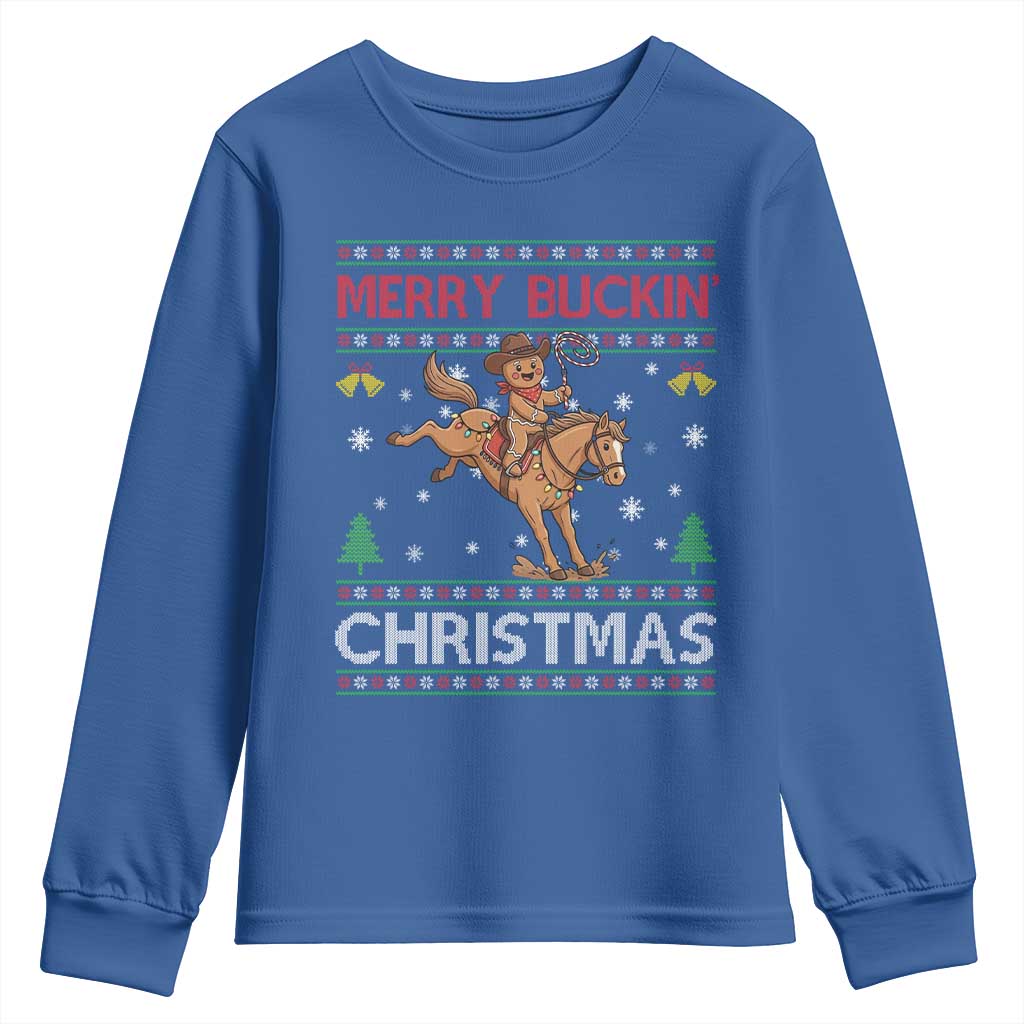 Funny Gingerbread Man Horse Rider Youth Sweatshirt Merry Buckin Christmas Gift - Wonder Print Shop