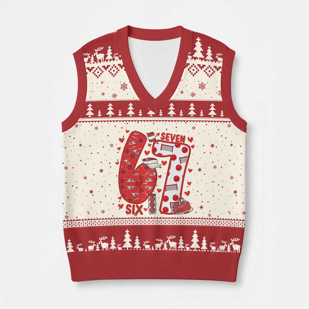 Six Seven Tennis Meme V-Neck Knit Sweater Vest Funny Gen Alpha Valentine - Wonder Print Shop