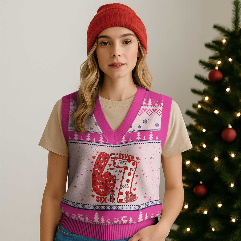 Six Seven Tennis Meme V-Neck Knit Sweater Vest Funny Gen Alpha Valentine - Wonder Print Shop