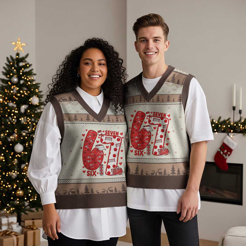 Six Seven Tennis Meme V-Neck Knit Sweater Vest Funny Gen Alpha Valentine - Wonder Print Shop