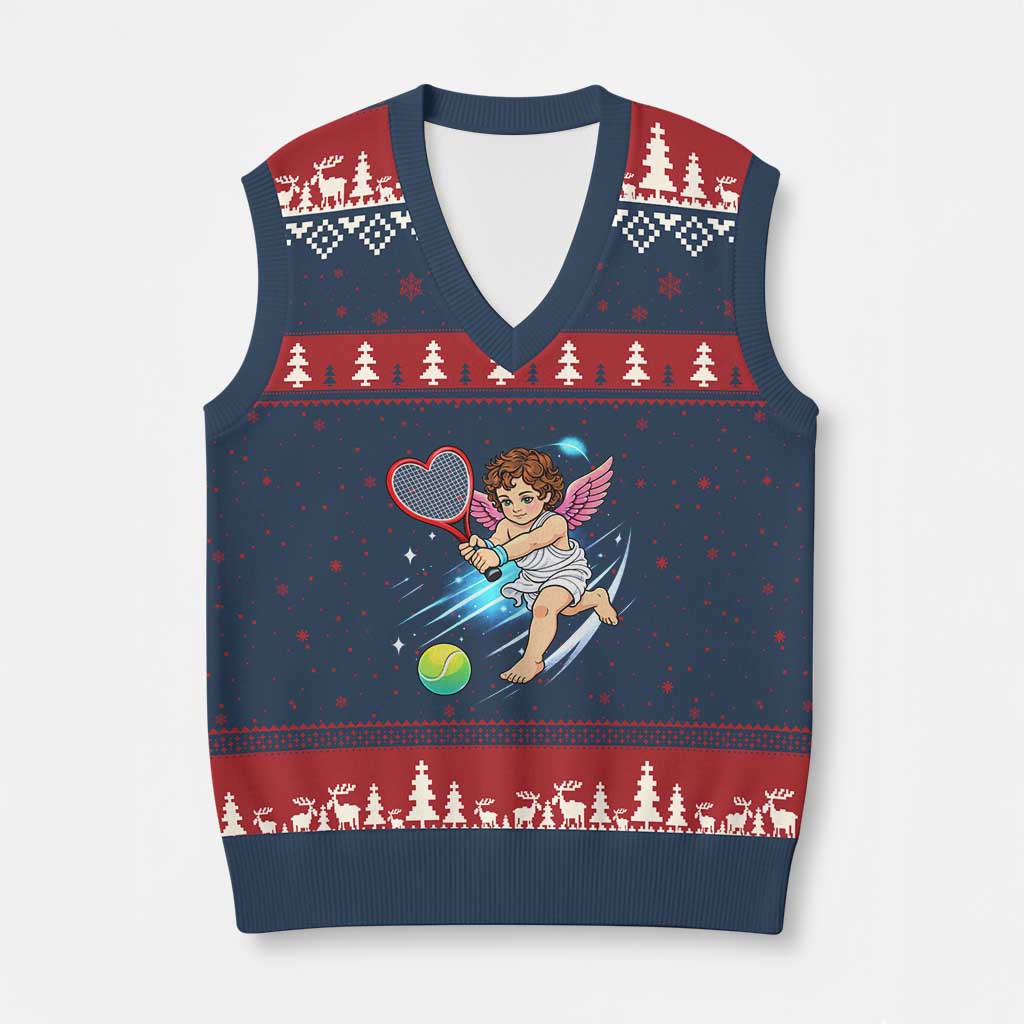 Funny Cupid Tennis Player V-Neck Knit Sweater Vest Valentines Day Gift - Wonder Print Shop