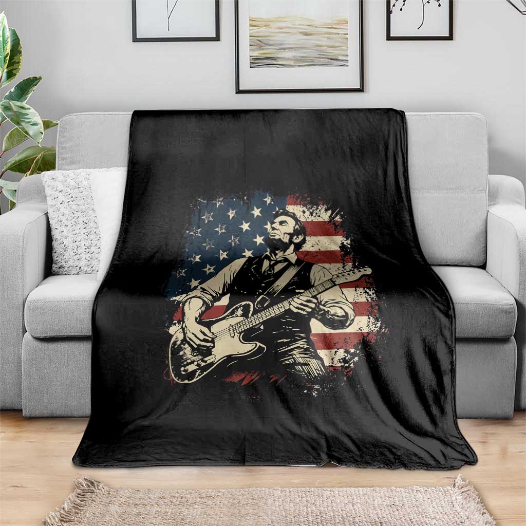 Vintage Abraham Lincoln Playing Electric Guitar Throw Blanket Patriotic Rocker Gift