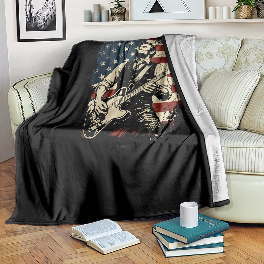 Vintage Abraham Lincoln Playing Electric Guitar Throw Blanket Patriotic Rocker Gift