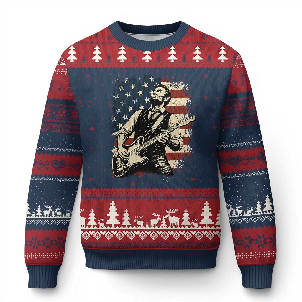 Vintage Abraham Lincoln Playing Electric Guitar Ugly Christmas Sweater Patriotic Rocker Gift