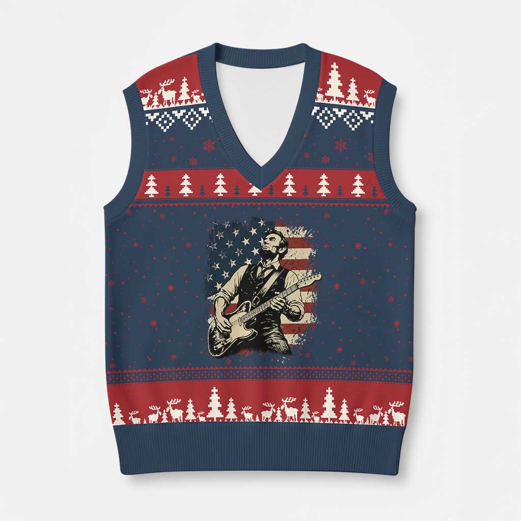 Vintage Abraham Lincoln Playing Electric Guitar V-Neck Knit Sweater Vest Patriotic Rocker Gift