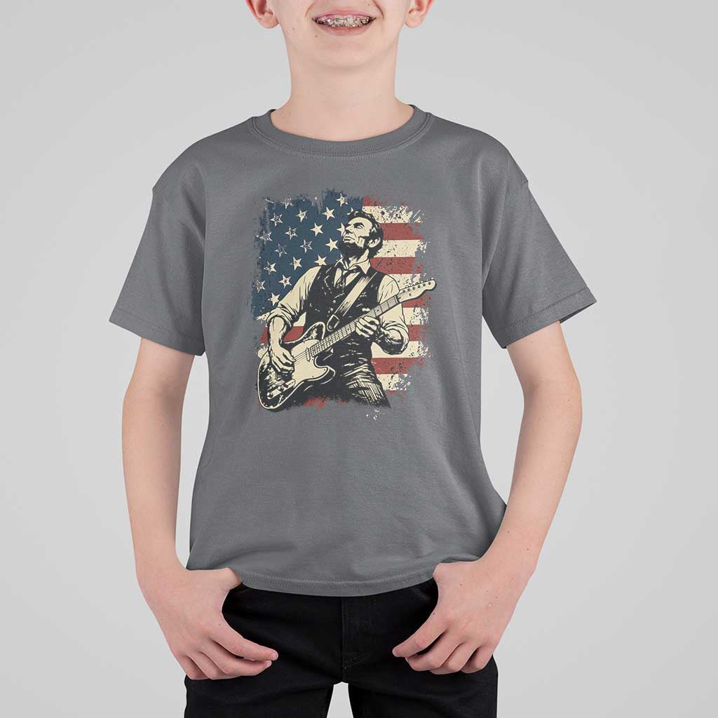 Vintage Abraham Lincoln Playing Electric Guitar T Shirt For Kid Patriotic Rocker Gift