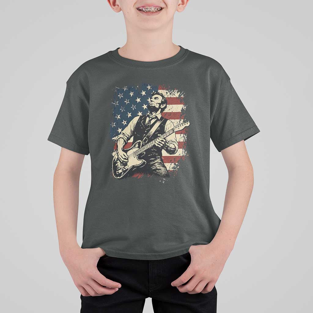 Vintage Abraham Lincoln Playing Electric Guitar T Shirt For Kid Patriotic Rocker Gift