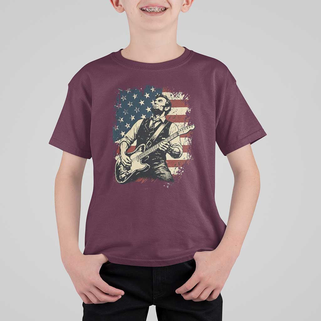 Vintage Abraham Lincoln Playing Electric Guitar T Shirt For Kid Patriotic Rocker Gift