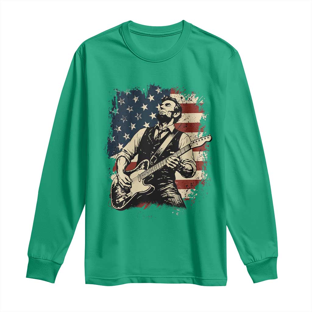 Vintage Abraham Lincoln Playing Electric Guitar Long Sleeve Shirt Patriotic Rocker Gift