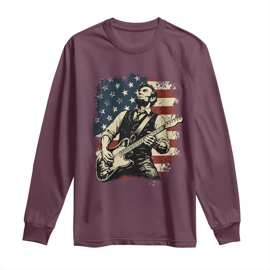 Vintage Abraham Lincoln Playing Electric Guitar Long Sleeve Shirt Patriotic Rocker Gift