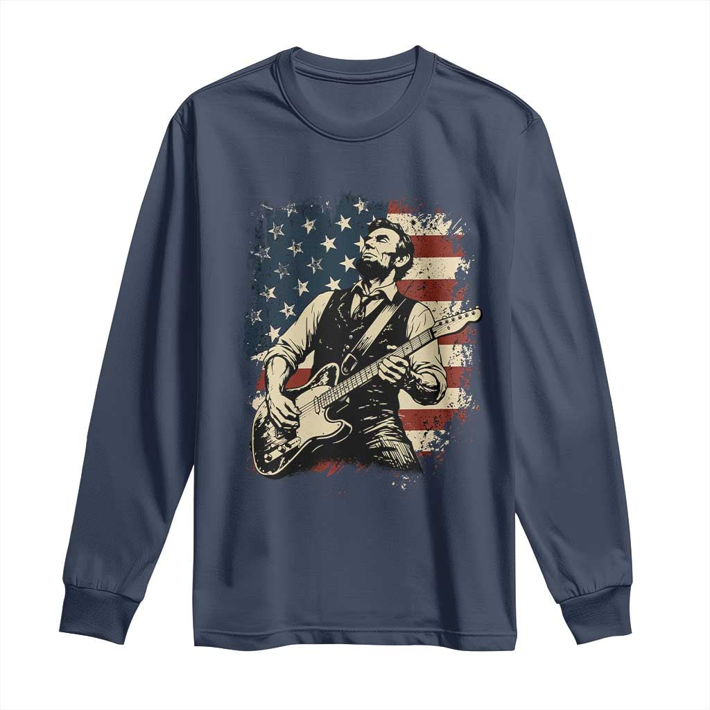 Vintage Abraham Lincoln Playing Electric Guitar Long Sleeve Shirt Patriotic Rocker Gift