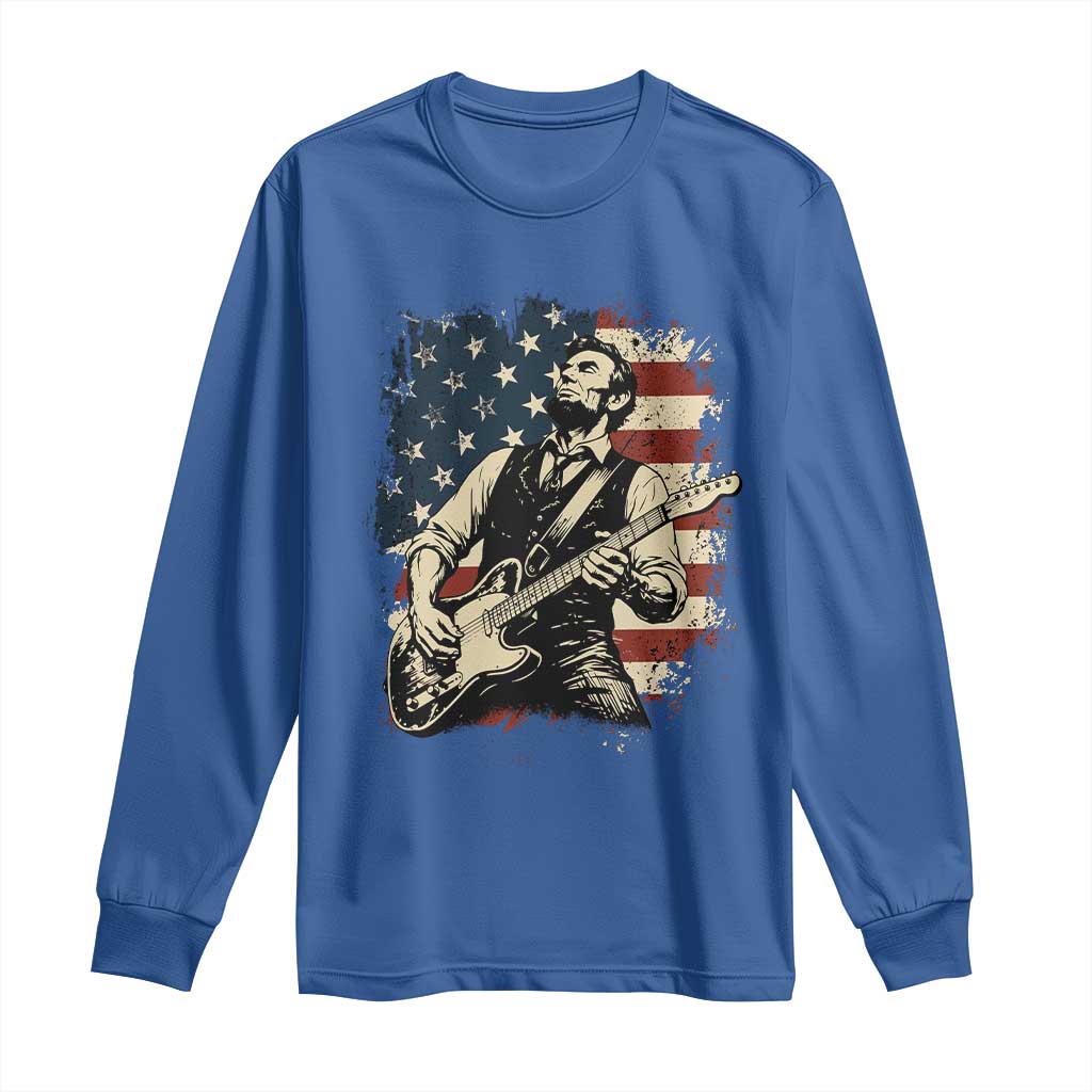 Vintage Abraham Lincoln Playing Electric Guitar Long Sleeve Shirt Patriotic Rocker Gift