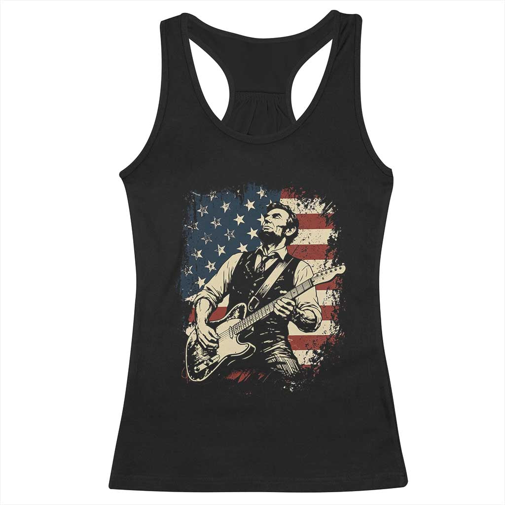 Vintage Abraham Lincoln Playing Electric Guitar Racerback Tank Top Patriotic Rocker Gift