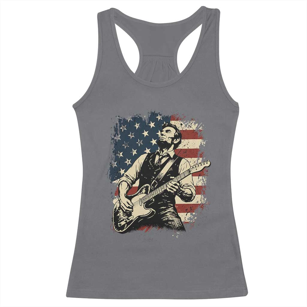 Vintage Abraham Lincoln Playing Electric Guitar Racerback Tank Top Patriotic Rocker Gift