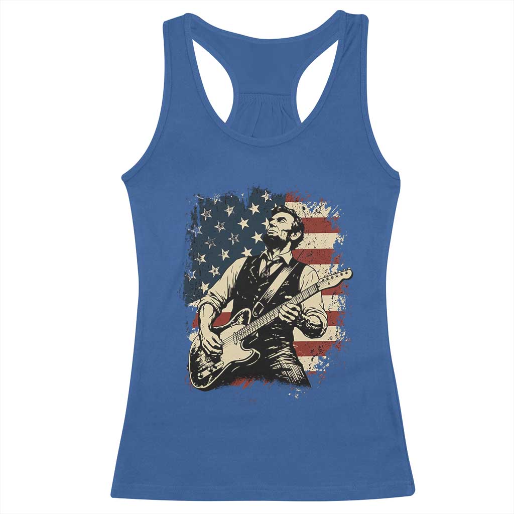 Vintage Abraham Lincoln Playing Electric Guitar Racerback Tank Top Patriotic Rocker Gift