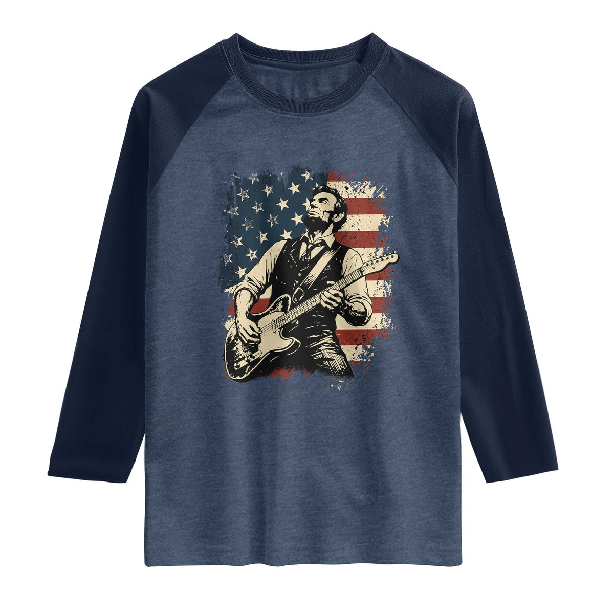 Vintage Abraham Lincoln Playing Electric Guitar Raglan Shirt Patriotic Rocker Gift