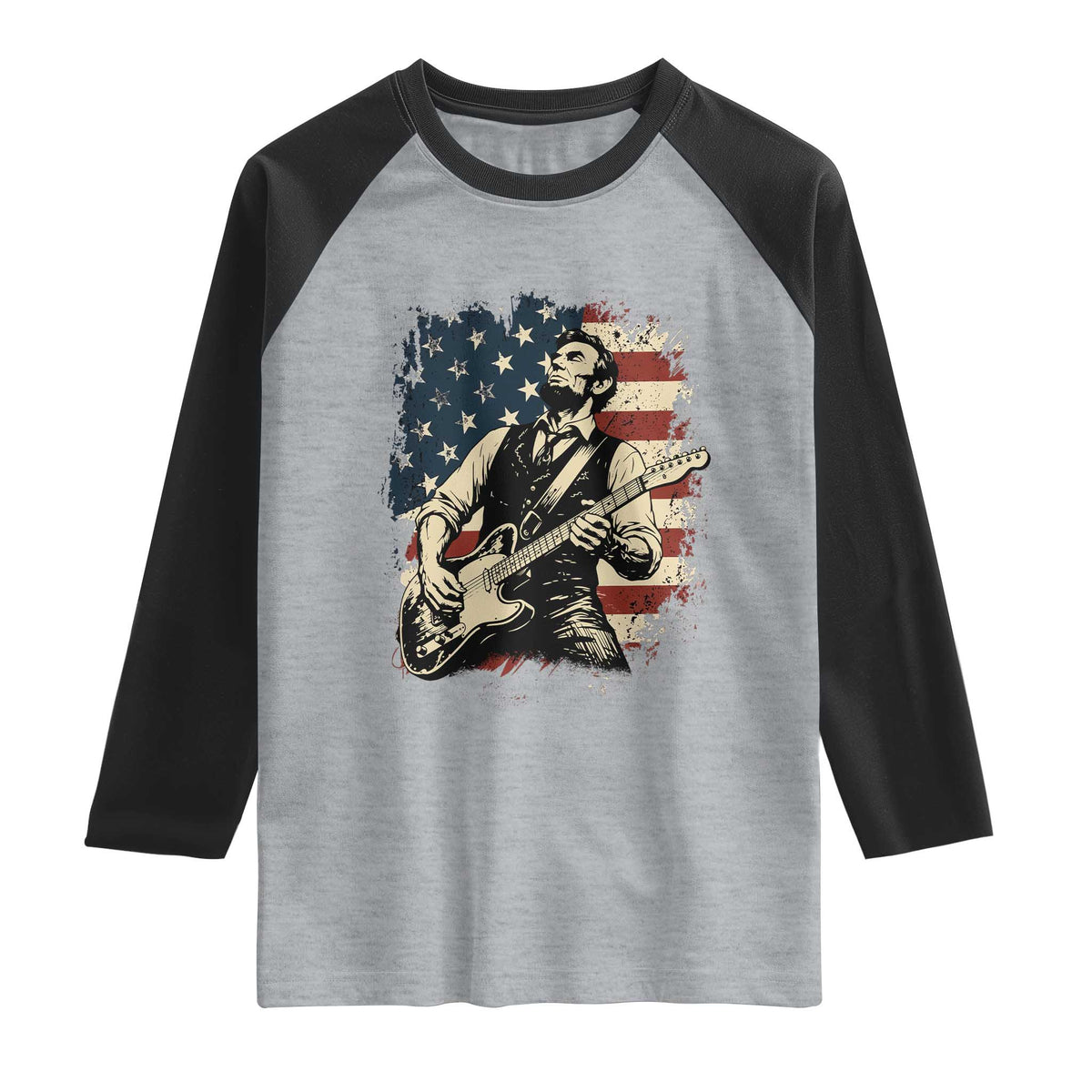 Vintage Abraham Lincoln Playing Electric Guitar Raglan Shirt Patriotic Rocker Gift