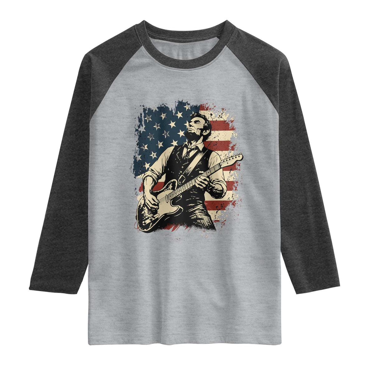Vintage Abraham Lincoln Playing Electric Guitar Raglan Shirt Patriotic Rocker Gift